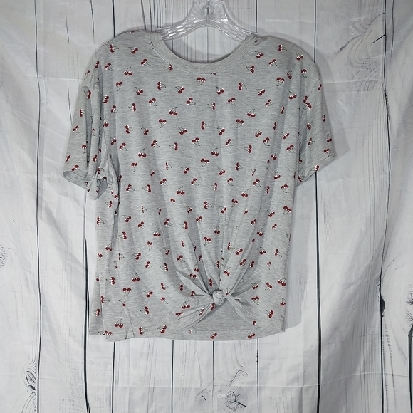 Belle Du Jour Tops - Belle Du Jour Gray Cherry Print Tie Front Casual Crew Neck Y2K Style Shirt